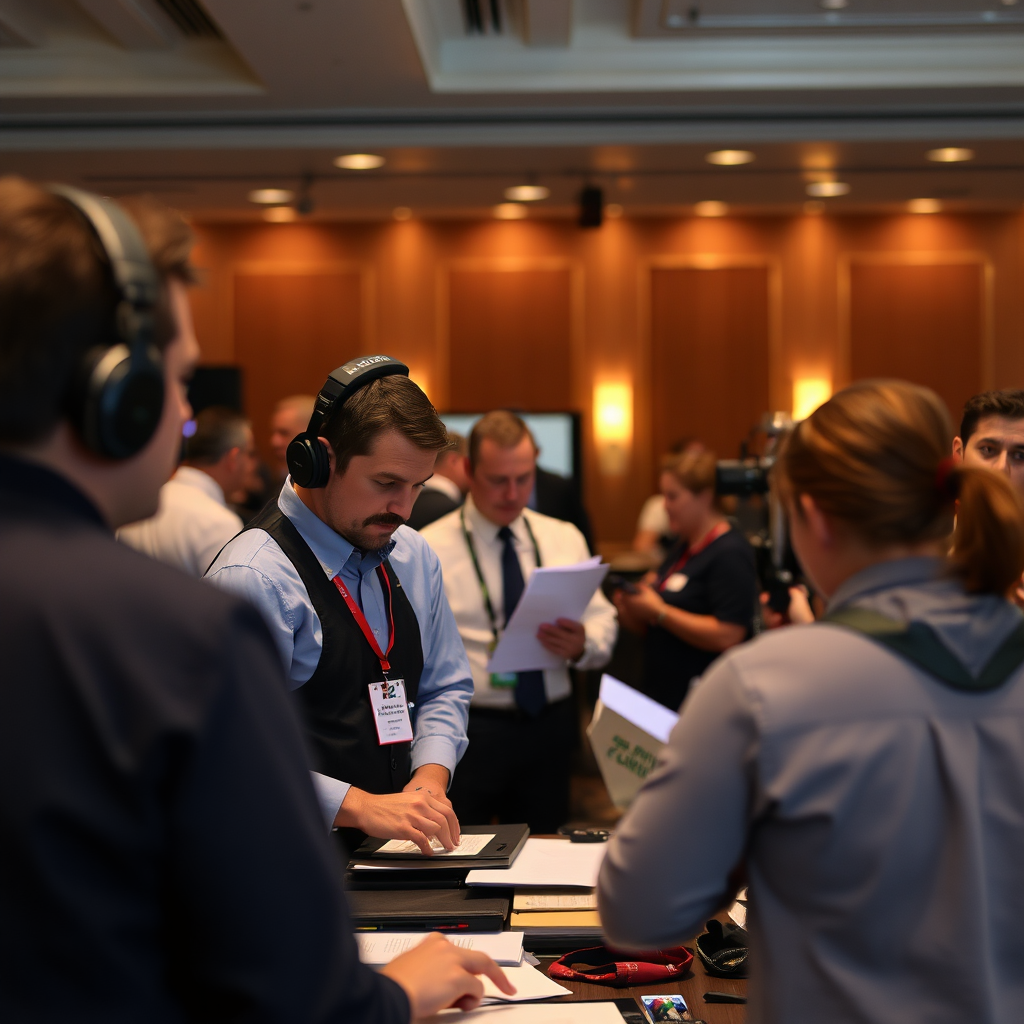 A behind-the-scenes shot of event staff working diligently, coordinating various aspects of the event. The atmosphere is organized and professional, showcasing the meticulous planning involved. The style is documentary-style and natural.