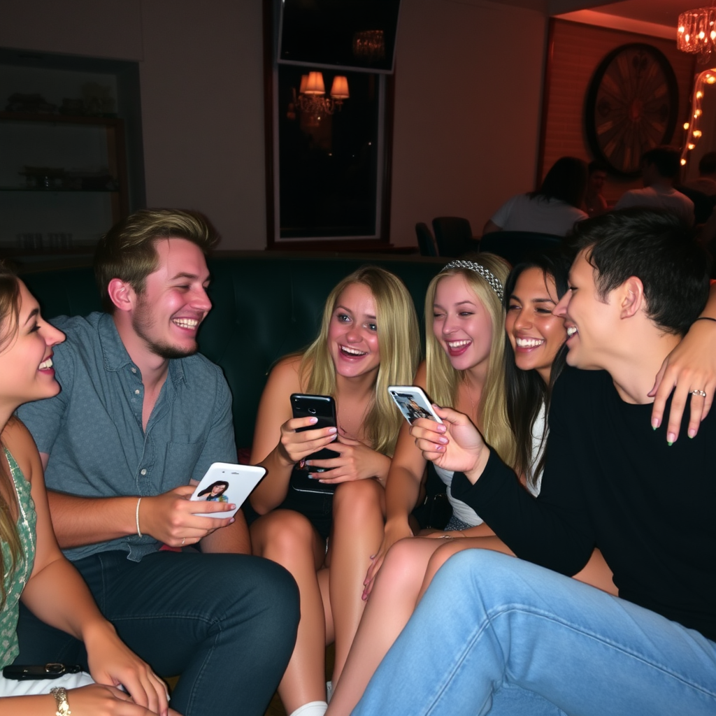 A group of friends sitting together, reminiscing about the night. They are laughing and smiling, sharing photos and videos. The atmosphere is relaxed and intimate. The style is natural and candid.