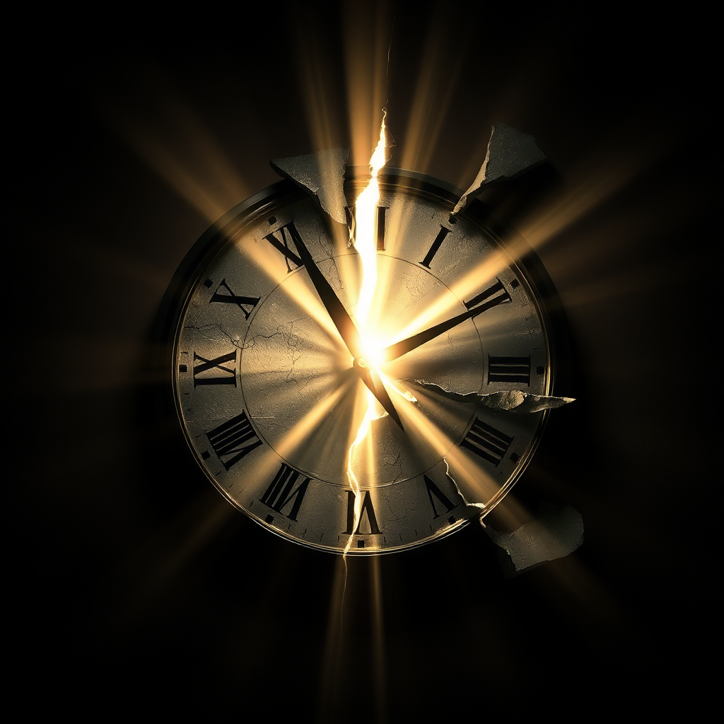 A shattered clock face with beams of light emanating from the cracks, symbolizing the breaking of time constraints and the continuation of the music. The style is dramatic and symbolic.