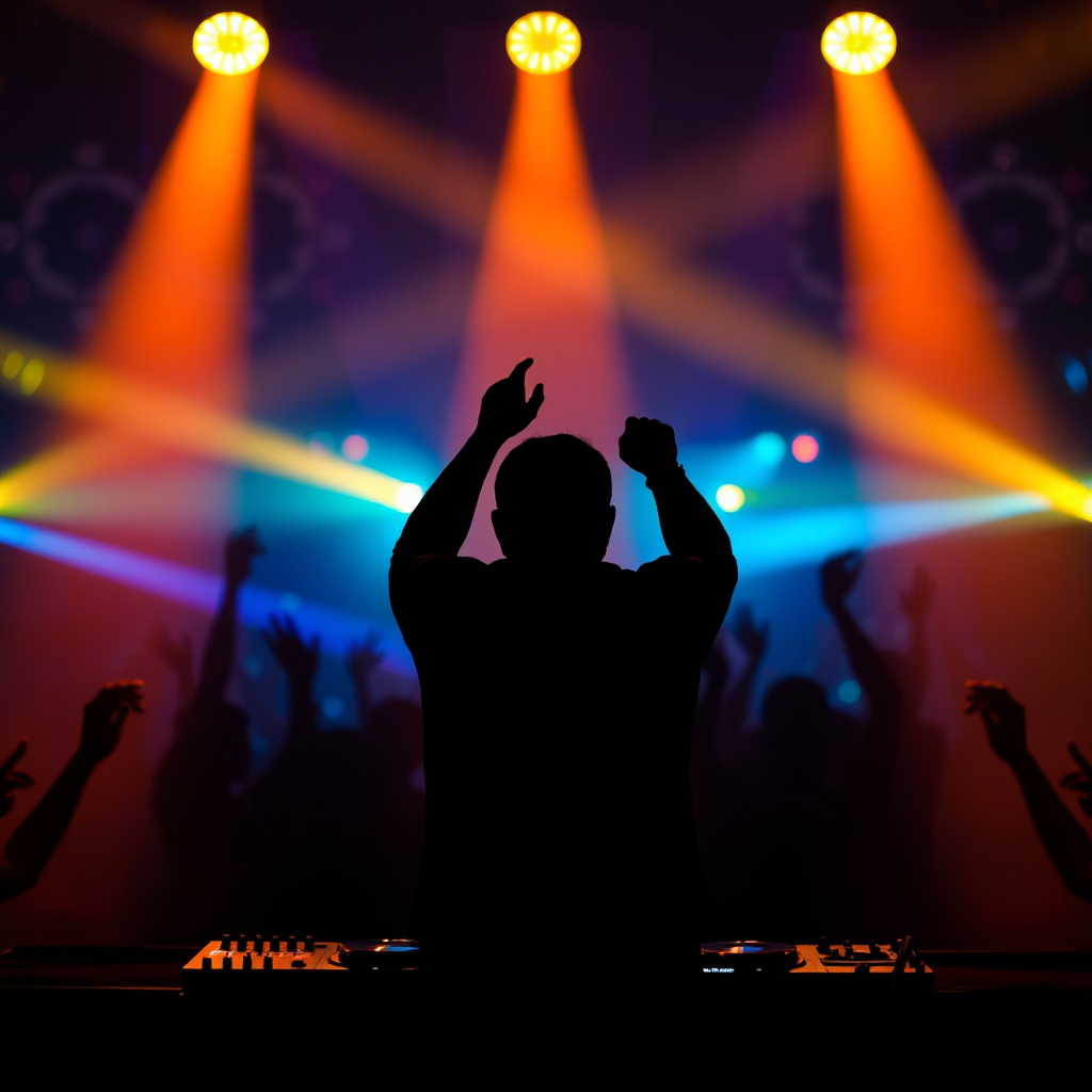 A silhouette of a DJ performing on stage, bathed in colorful lights. The crowd is visible in the background, their hands raised in unison. The style is dynamic and energetic, capturing the excitement of a live performance.