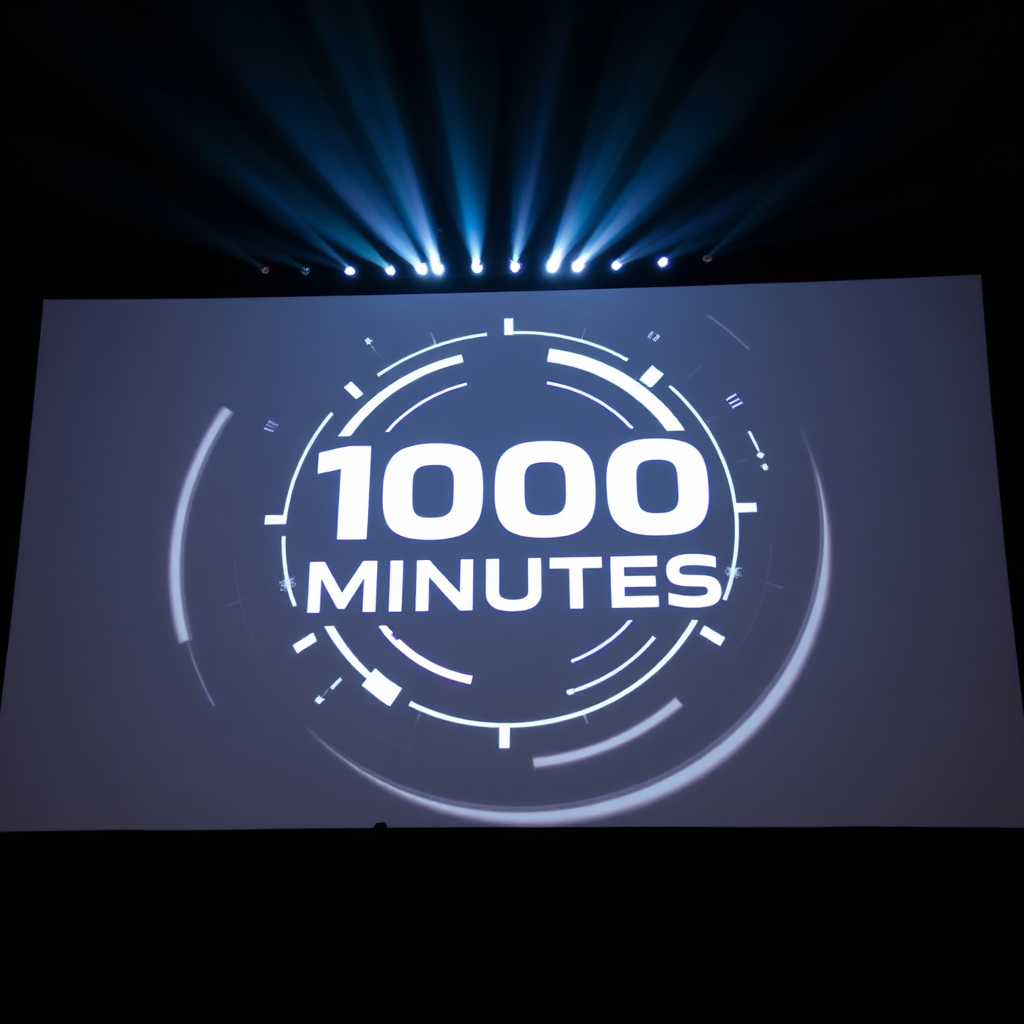 A stylized logo of '1000 Minutes' projected onto a massive screen. The logo is surrounded by swirling lights and abstract shapes, symbolizing the evolution of electronic music. The style is futuristic and iconic.