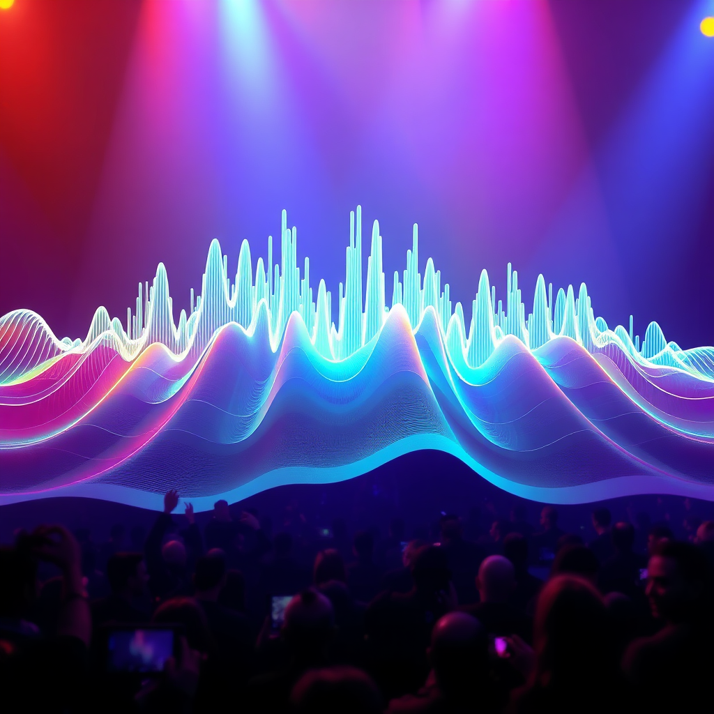A vibrant soundwave visualization morphing and expanding outwards, changing colors to represent the diverse range of electronic music genres played at the event. Abstract, but clearly communicating the sound. High energy and bold.