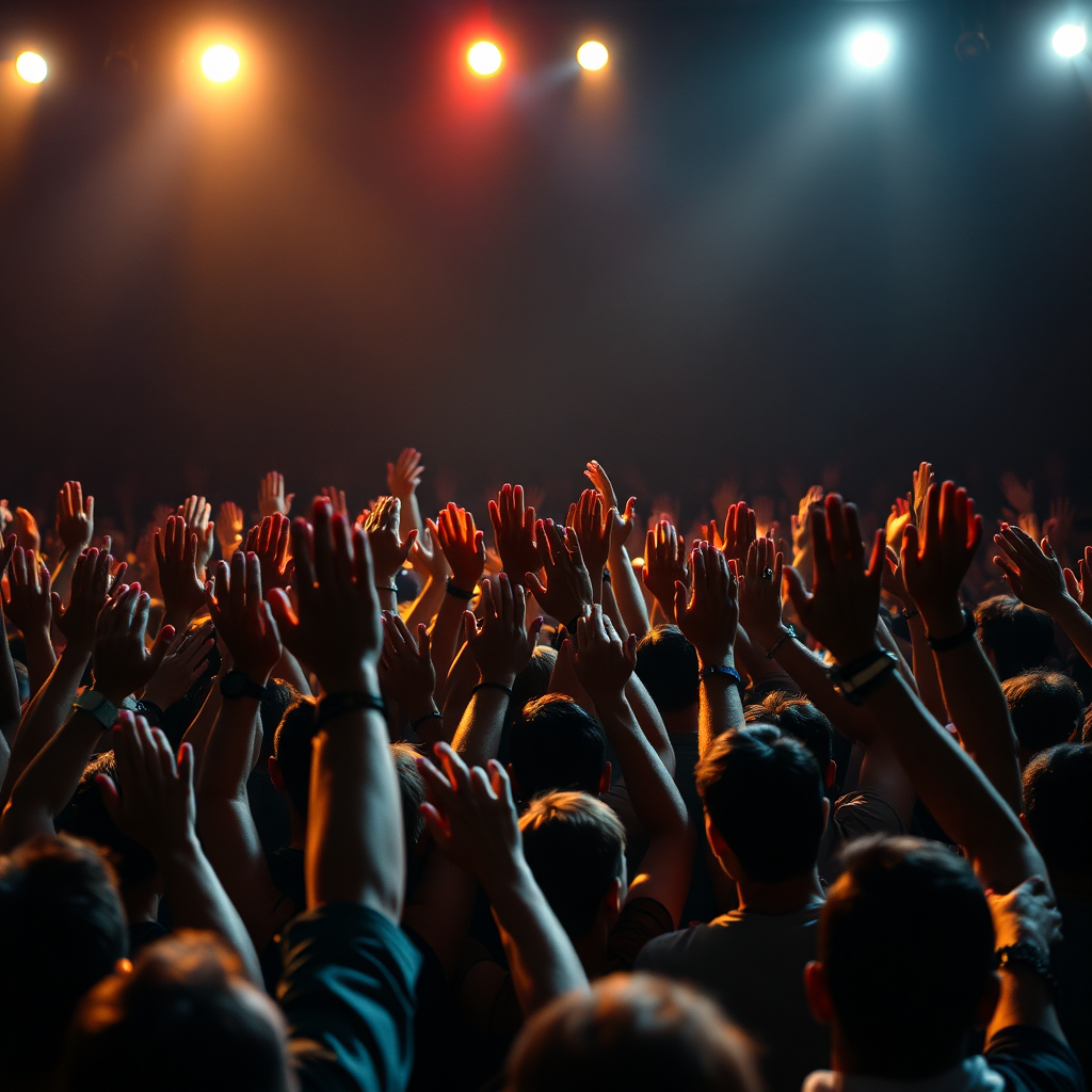 A wide shot of the crowd, all facing the stage, with their hands raised in unison. The stage lights illuminate their faces, creating a sense of unity. Capture the energy and excitement of the crowd in a photorealistic style.