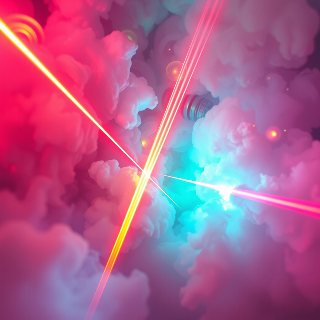 Abstract representation of sound and light colliding. Show lasers piercing through swirling smoke, with vibrant colors blending to create a sense of sensory overload. The style is futuristic and immersive.