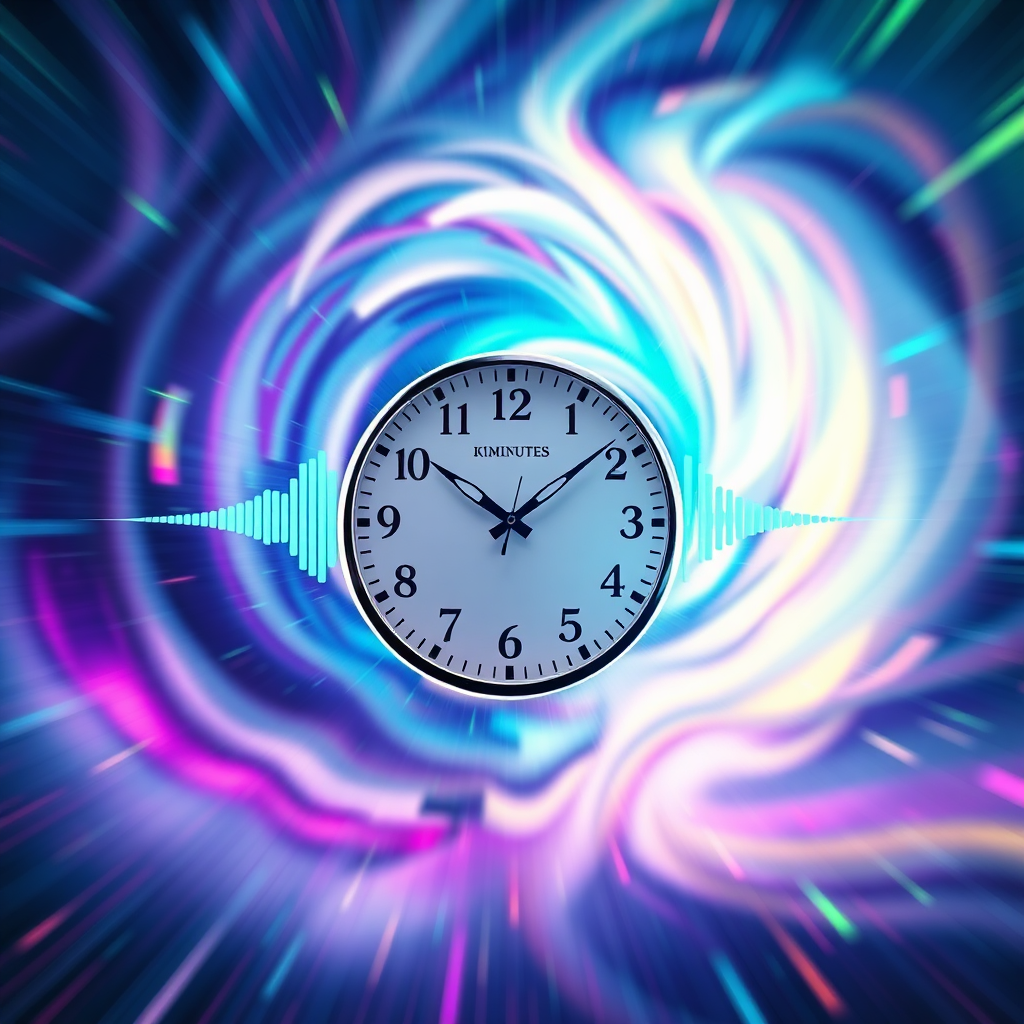 Create a stylized, 4K resolution image representing the spirit of '1000 Minutes.' The image should feature a stylized clock face, but instead of traditional numbers, the clock displays waveforms and musical notations. The hands of the clock are beams of light emanating outwards. In the background, a swirling vortex of color symbolizes the energy and movement of electronic dance music. The overall color palette should be vibrant and futuristic, with an emphasis on blues, purples, and neon greens. The composition should evoke a sense of motion and transformation. The style should blend elements of digital art and abstract expressionism, suggesting the power of music to transcend time and space. The image should convey a sense of anticipation, excitement, and the immersive nature of the '1000 Minutes' experience. High-quality rendering with attention to detail is crucial.