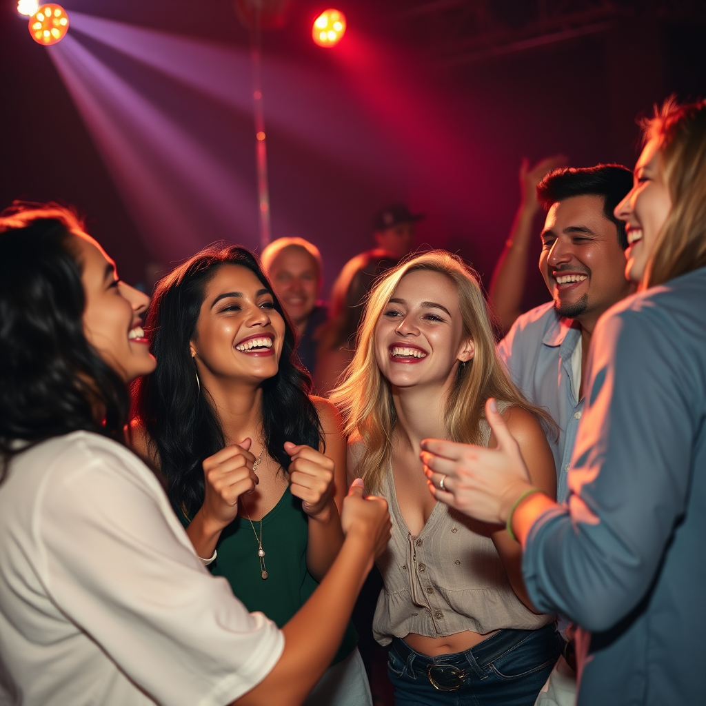 Depict a group of friends dancing together, their faces illuminated by the stage lights. They are laughing and smiling, completely immersed in the music. The atmosphere is one of joy and connection. The style is warm and inviting, capturing the spirit of camaraderie.