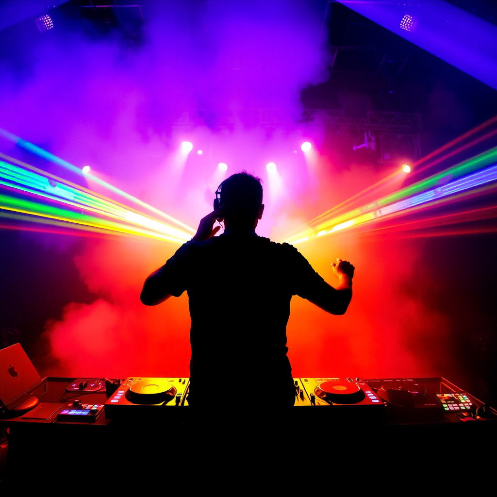 Imagine a DJ booth bathed in colorful stage lights. The DJ is silhouetted against the backdrop, their hands moving deftly over the equipment. The air is filled with swirling smoke and laser beams. The style is dynamic and energetic, capturing the essence of a live performance.